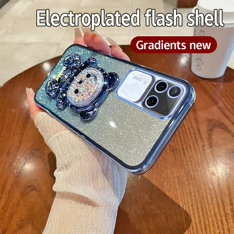 Coque scintillante luxueuse en métal avec support de support ours en peluche mignon pour VIVO V30 Pro Coque en silicone souple anti-chocs TPU