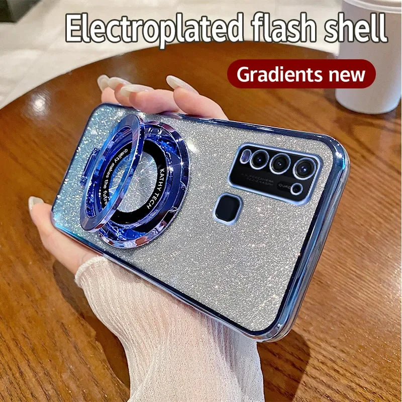 Coque Bling Glitter de Luxe MagSafe Plaqué avec Support Anneau Pour Vivo Y50 Y30 Charge Sans Fil Housse Antichoc