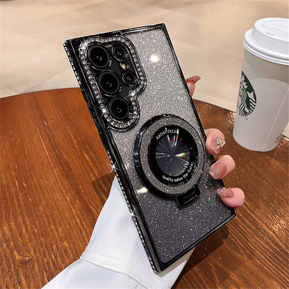 Coque en cuir étincelante MagSafe de luxe avec support anneau pour Samsung Galaxy S24 S23 Ultra S22 Plus A55 A35 A25 A15 A05S Charge sans fil Couverture en diamant