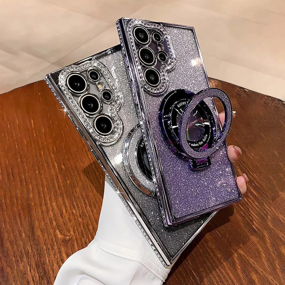 Coque en cuir étincelante MagSafe de luxe avec support anneau pour Samsung Galaxy S24 S23 Ultra S22 Plus A55 A35 A25 A15 A05S Charge sans fil Couverture en diamant