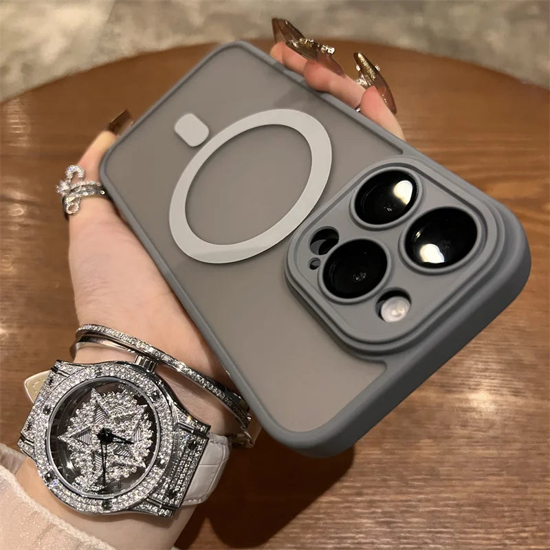 Étui opaque mat MagSafe de luxe pour iPhone 14 13 12 11 15 Pro Max avec protection en silicone pour charge sans fil
