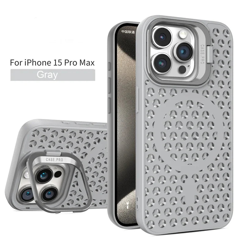 Coque en maille respirante avec dissipation thermique MagSafe pour iPhone 15 14 Plus 13 12 11 Pro Max avec support à anneau, refroidissement et charge sans fil