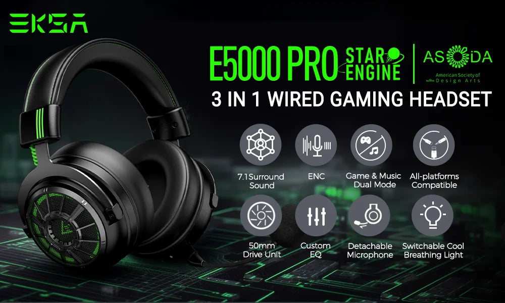 EKSA E5000 Pro Casque de Gaming Filaire avec Microphone - TWS Réduction de Bruit HiFi Stéréo Surround 7.1 Casque Dynamique