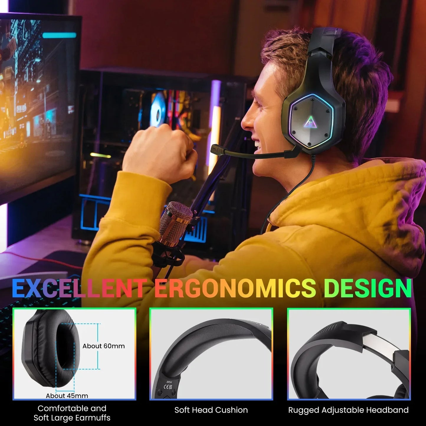 EKSA E1000 V2 RGB Casque de Jeu Filaires - TWS Réduction de Bruit HiFi Stéréo Surround 7.1 Casque Dynamique