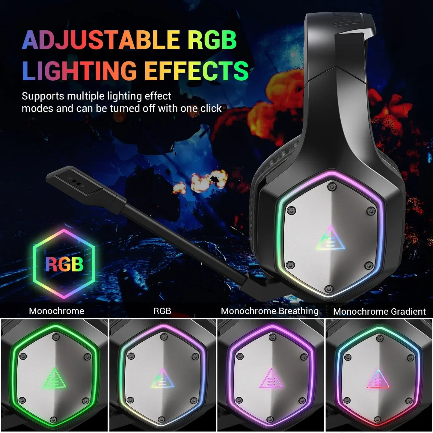 EKSA E1000 V2 RGB Casque de Jeu Filaires - TWS Réduction de Bruit HiFi Stéréo Surround 7.1 Casque Dynamique