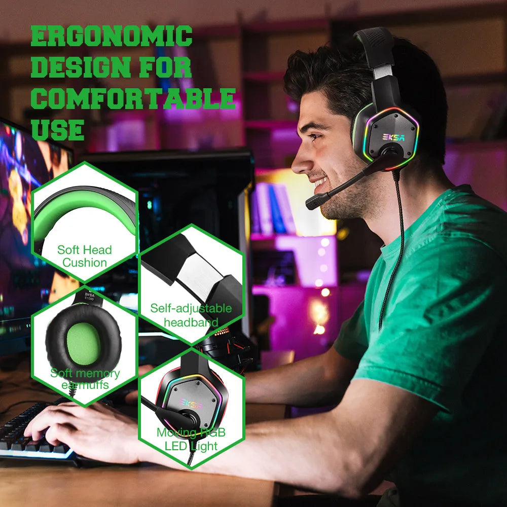 EKSA E1000 Casque Gaming Filaire avec Micro - TWS Réduction de Bruit HiFi Stéréo Surround 7.1 Casque Dynamique