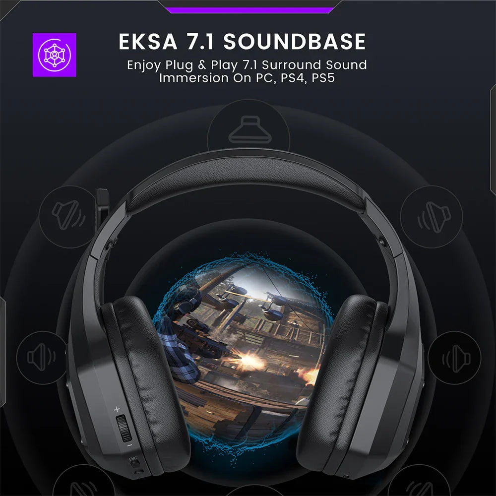 EKSA E1000 Casque de jeu sans fil Bluetooth avec microphone - TWS réduction de noise HiFi stéréo surround 7.1 casque dynamique
