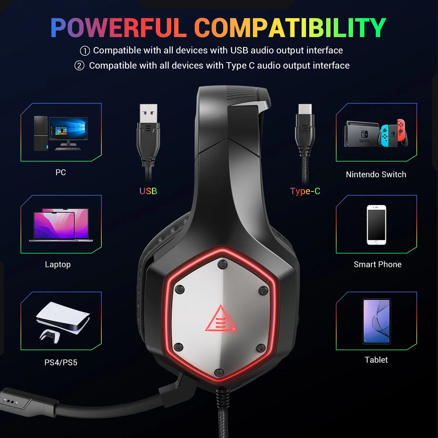 EKSA E1000 V2 RGB Casque de Jeu Filaires - TWS Réduction de Bruit HiFi Stéréo Surround 7.1 Casque Dynamique
