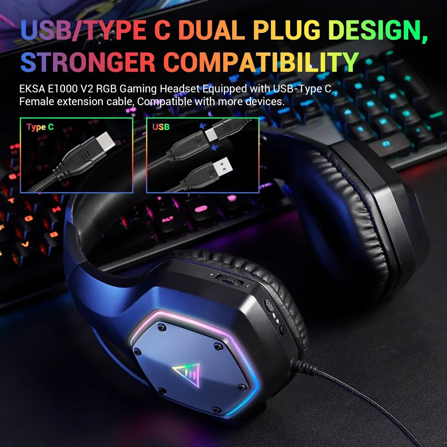 EKSA E1000 V2 RGB Casque de Jeu Filaires - TWS Réduction de Bruit HiFi Stéréo Surround 7.1 Casque Dynamique