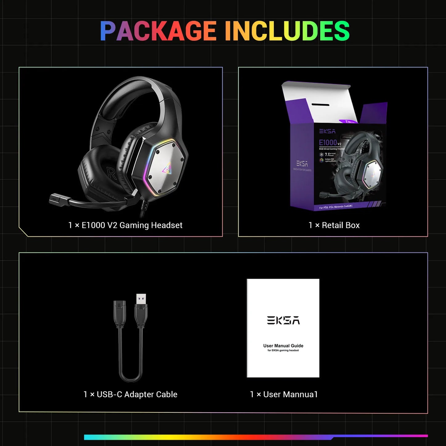 EKSA E1000 V2 RGB Casque de Jeu Filaires - TWS Réduction de Bruit HiFi Stéréo Surround 7.1 Casque Dynamique