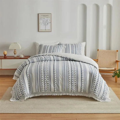 Ensemble de lit en fourrure coupée rayé de haute qualité │ Couette moderne Boho avec housse de couette et taie d'oreiller à pompons