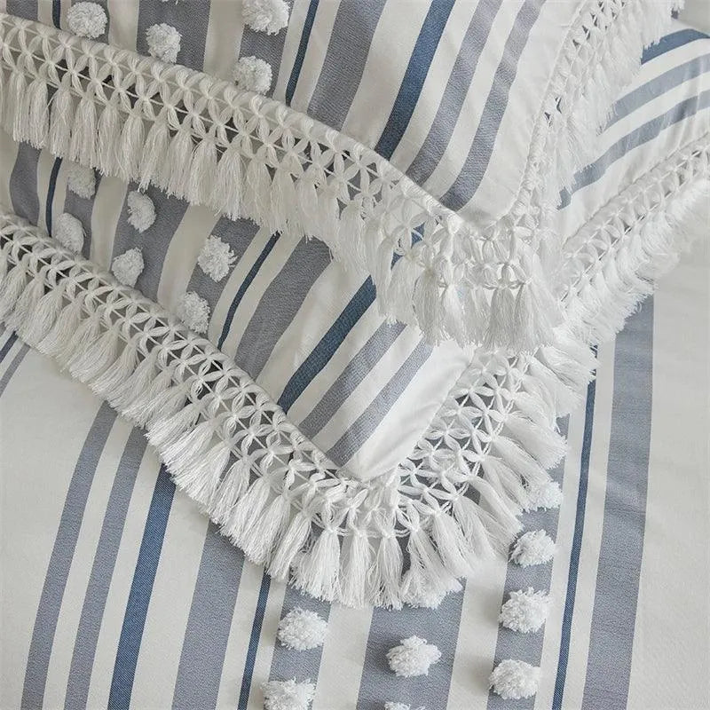 Ensemble de lit en fourrure coupée rayé de haute qualité │ Couette moderne Boho avec housse de couette et taie d'oreiller à pompons