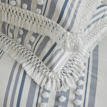 Ensemble de lit en fourrure coupée rayé de haute qualité │ Couette moderne Boho avec housse de couette et taie d'oreiller à pompons