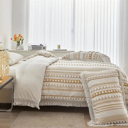 Ensemble de lit en fourrure coupée rayé de haute qualité │ Couette moderne Boho avec housse de couette et taie d'oreiller à pompons