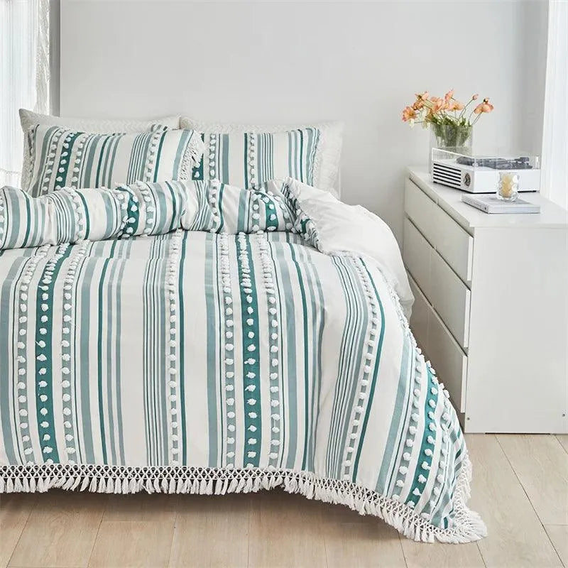Ensemble de lit en fourrure coupée rayé de haute qualité │ Couette moderne Boho avec housse de couette et taie d'oreiller à pompons