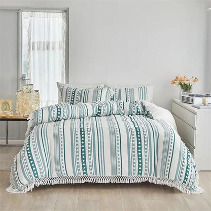 Ensemble de lit en fourrure coupée rayé de haute qualité │ Couette moderne Boho avec housse de couette et taie d'oreiller à pompons