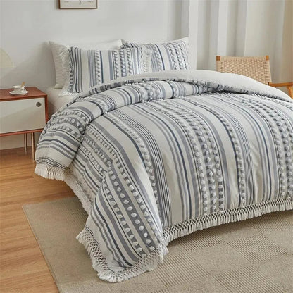 Ensemble de lit en fourrure coupée rayé de haute qualité │ Couette moderne Boho avec housse de couette et taie d'oreiller à pompons