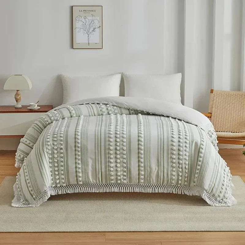 Ensemble de lit en fourrure coupée rayé de haute qualité │ Couette moderne Boho avec housse de couette et taie d'oreiller à pompons