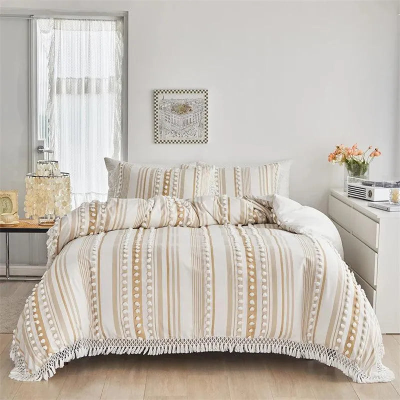 Ensemble de lit en fourrure coupée rayé de haute qualité │ Couette moderne Boho avec housse de couette et taie d'oreiller à pompons
