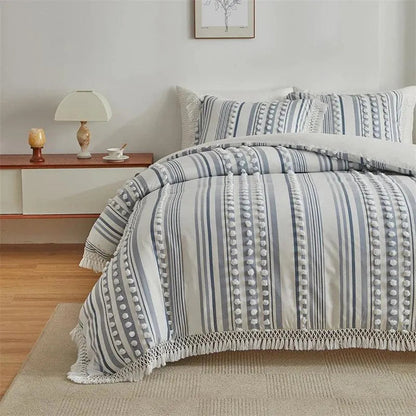 Ensemble de lit en fourrure coupée rayé de haute qualité │ Couette moderne Boho avec housse de couette et taie d'oreiller à pompons