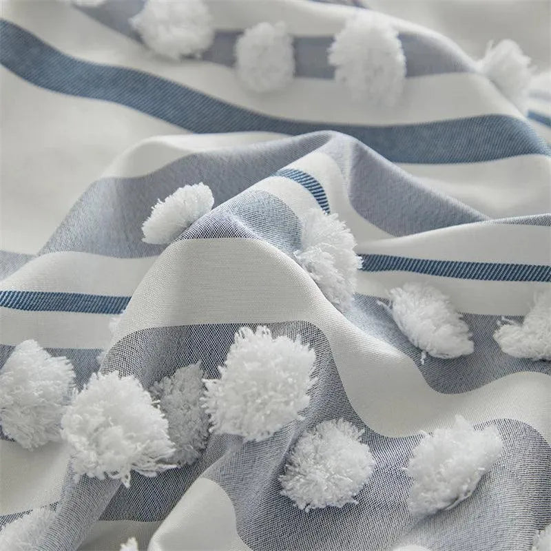 Ensemble de lit en fourrure coupée rayé de haute qualité │ Couette moderne Boho avec housse de couette et taie d'oreiller à pompons