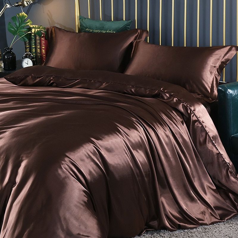 Ensemble de couette en soie/satin de luxe (2x taies d'oreiller, 1x drap-housse, 1x couverture)