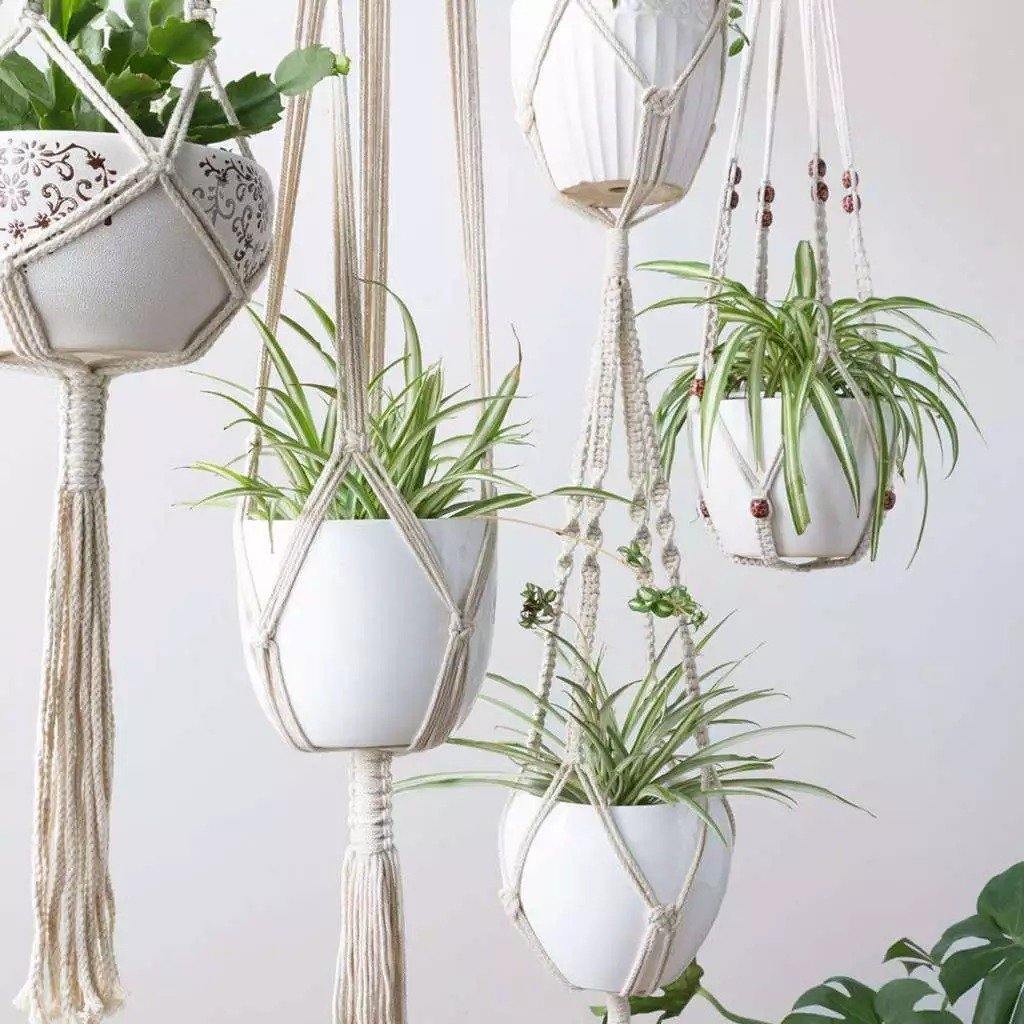 Floroux 4-Piece Set Macramé Plant Hangers | Handmade Bohemian Hanging Planters | Hanging Décor for Home and Garden