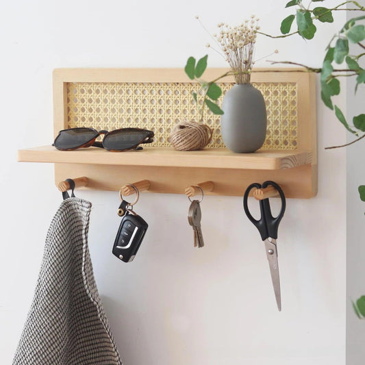Étagère murale Japandi en bois massif rotin │ Support moderne minimaliste pour vêtements porte-clés de rangement