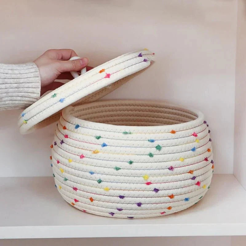 Grand panier de rangement en corde de coton avec couvercle
