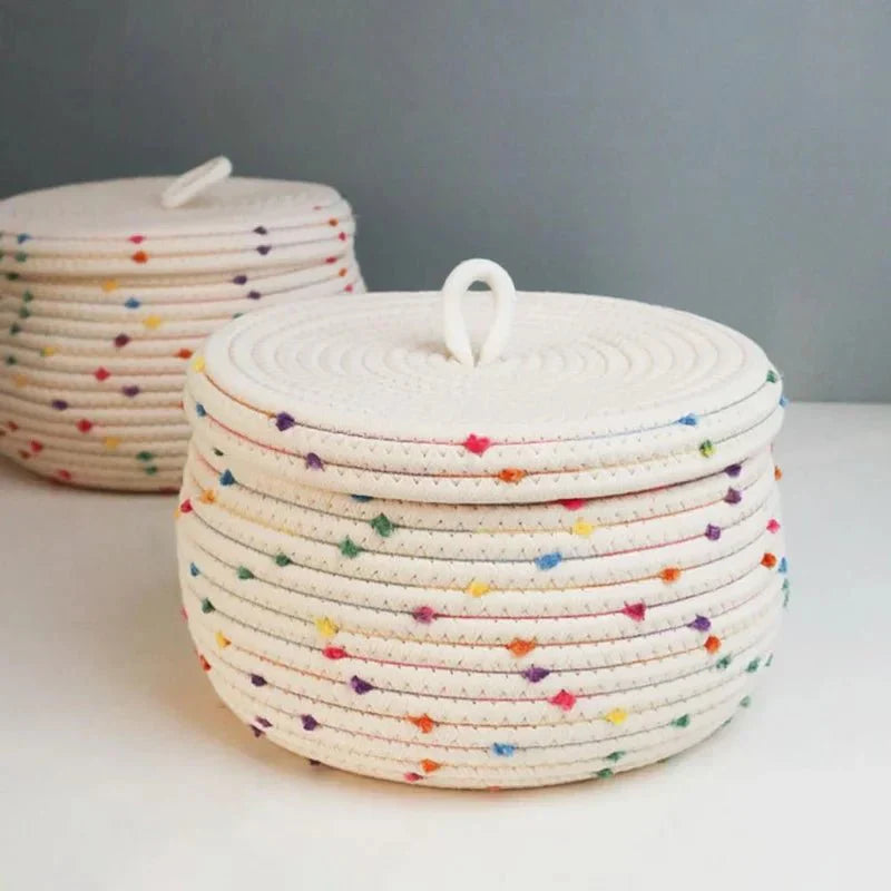 Grand panier de rangement en corde de coton avec couvercle