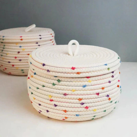 Grand panier de rangement en corde de coton avec couvercle