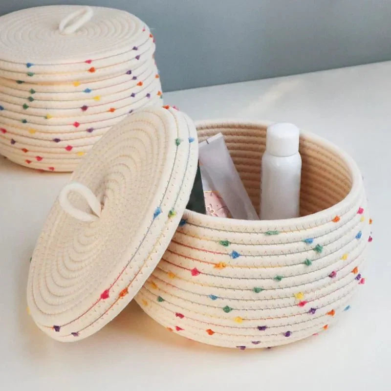Grand panier de rangement en corde de coton avec couvercle