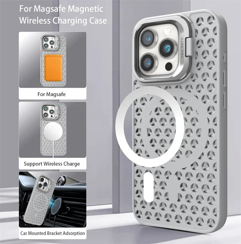 Coque en maille respirante avec dissipation thermique MagSafe pour iPhone 15 14 Plus 13 12 11 Pro Max avec support à anneau, refroidissement et charge sans fil