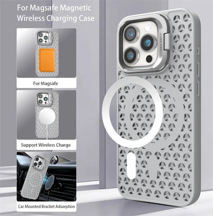 Coque en maille respirante avec dissipation thermique MagSafe pour iPhone 15 14 Plus 13 12 11 Pro Max avec support à anneau, refroidissement et charge sans fil
