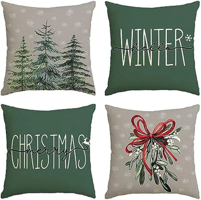 Coussin de Noël - Housse de coussin festive avec arbre de Noël et thème d'hiver - Vert 45x45 cm