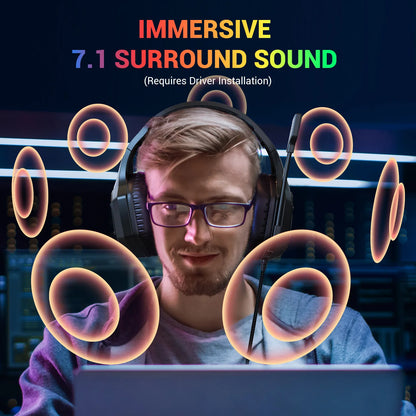 EKSA E1000 V2 RGB Casque de Jeu Filaires - TWS Réduction de Bruit HiFi Stéréo Surround 7.1 Casque Dynamique