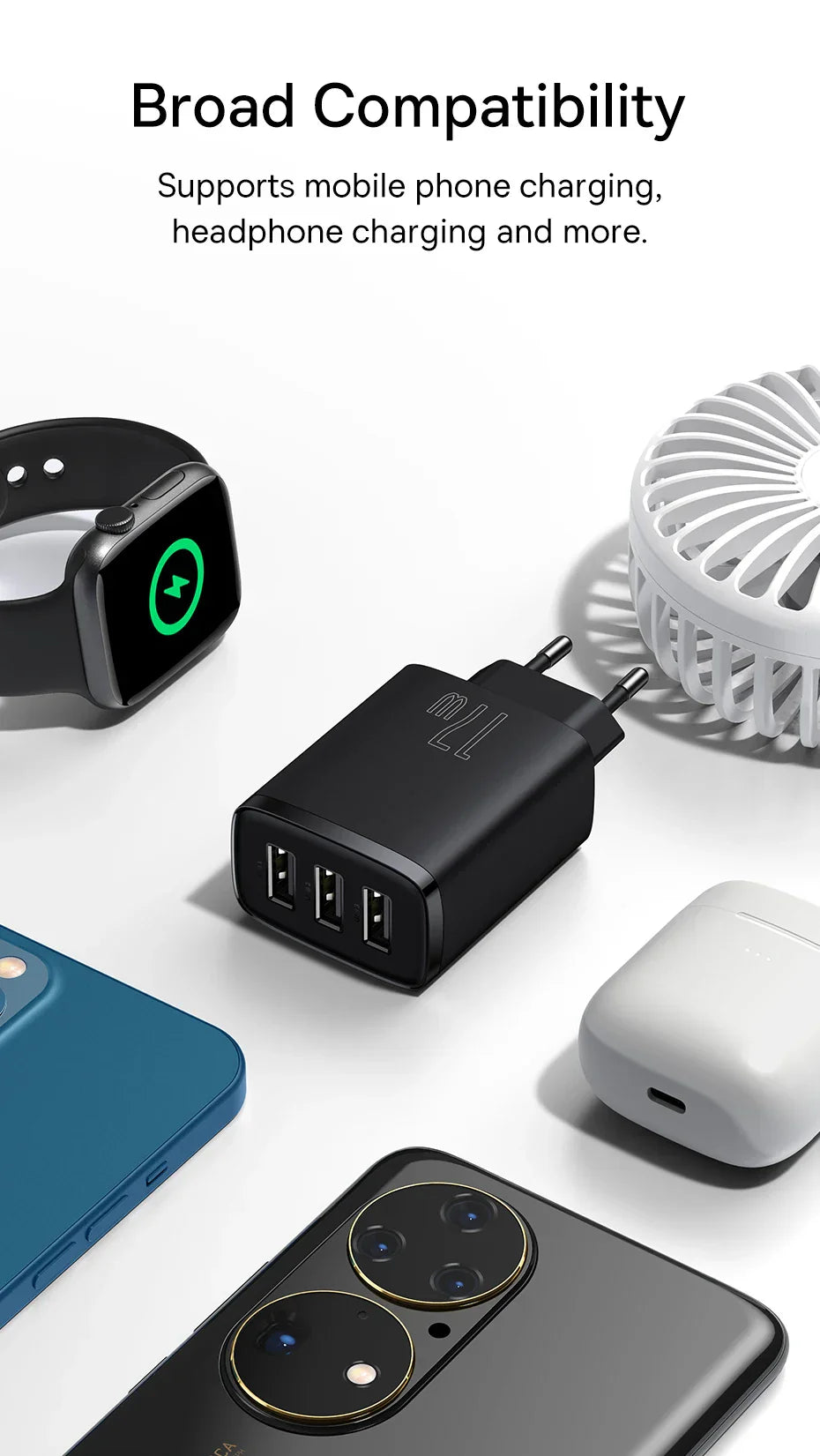 Baseus 17W 3-Port Chargeur Rapide - Prise USB A Power Delivery PD pour Téléphone