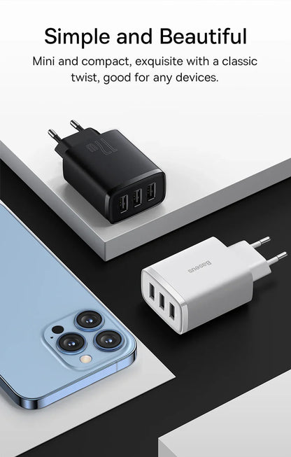 Baseus 17W 3-Port Chargeur Rapide - Prise USB A Power Delivery PD pour Téléphone