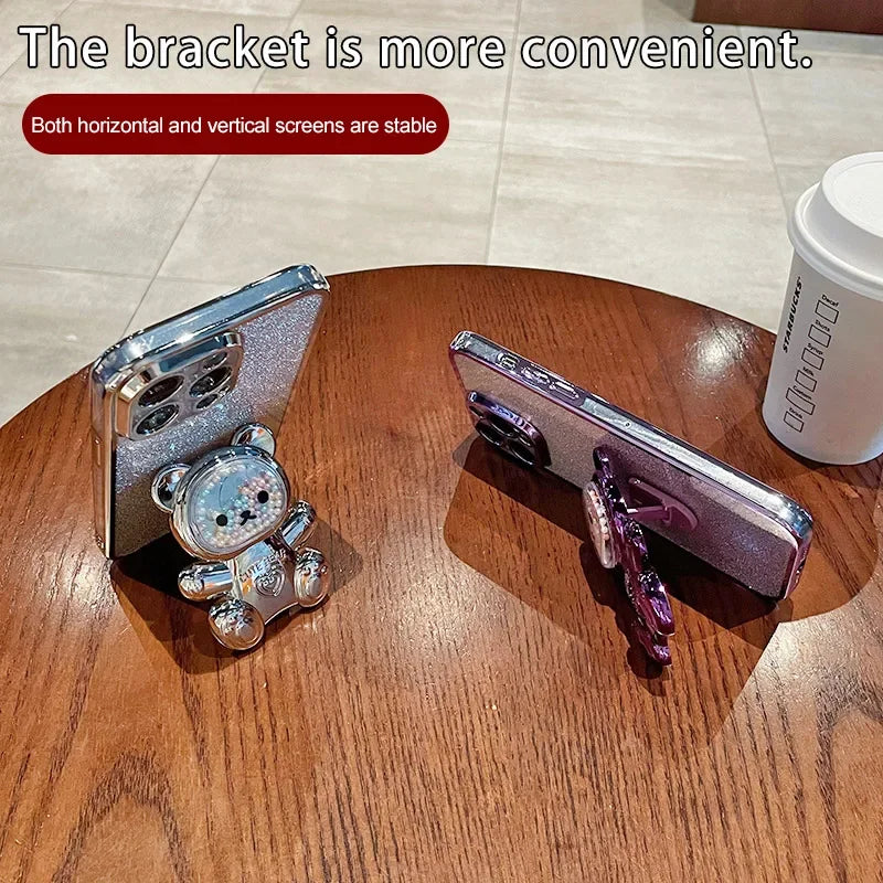 Coque scintillante luxueuse en métal avec support de support ours en peluche mignon pour VIVO V30 Pro Coque en silicone souple anti-chocs TPU