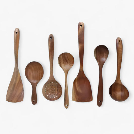 Ensemble d'Ustensiles de Cuisine en Teck Élégant | Ensemble de 7 pièces de Luxe Naturel