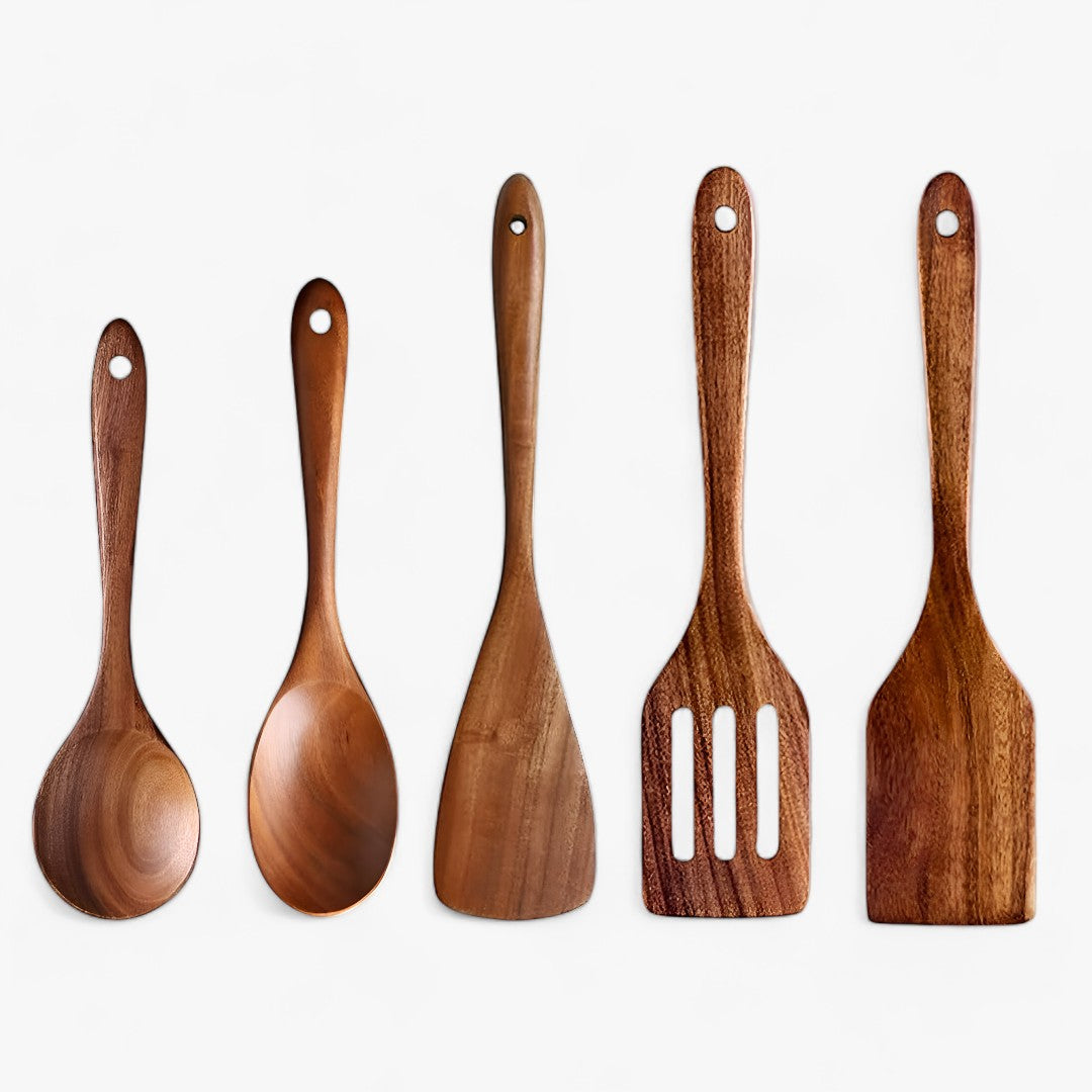Ensemble d'Ustensiles de Cuisine en Teck Élégant | Ensemble de 7 pièces de Luxe Naturel