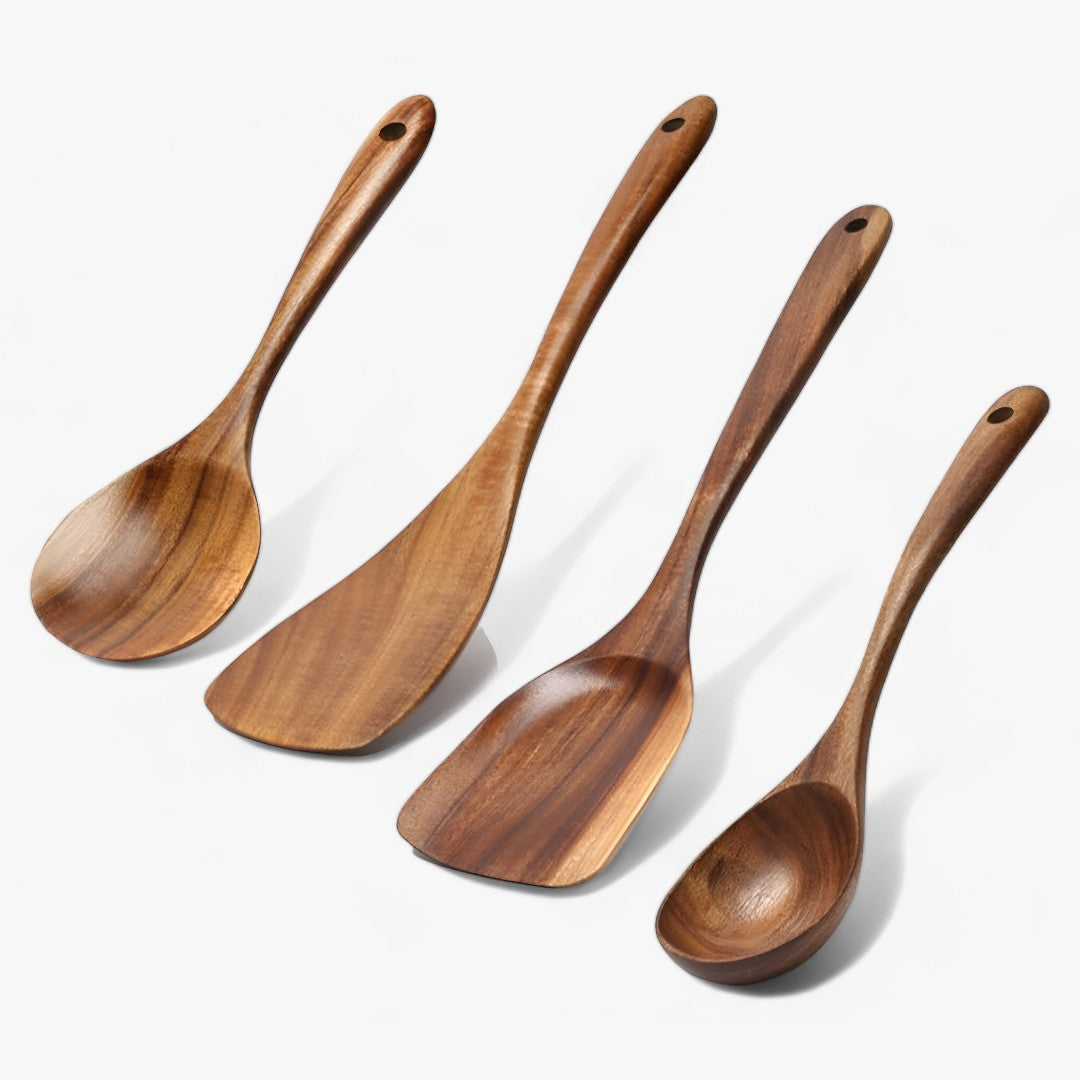 Ensemble d'Ustensiles de Cuisine en Teck Élégant | Ensemble de 7 pièces de Luxe Naturel