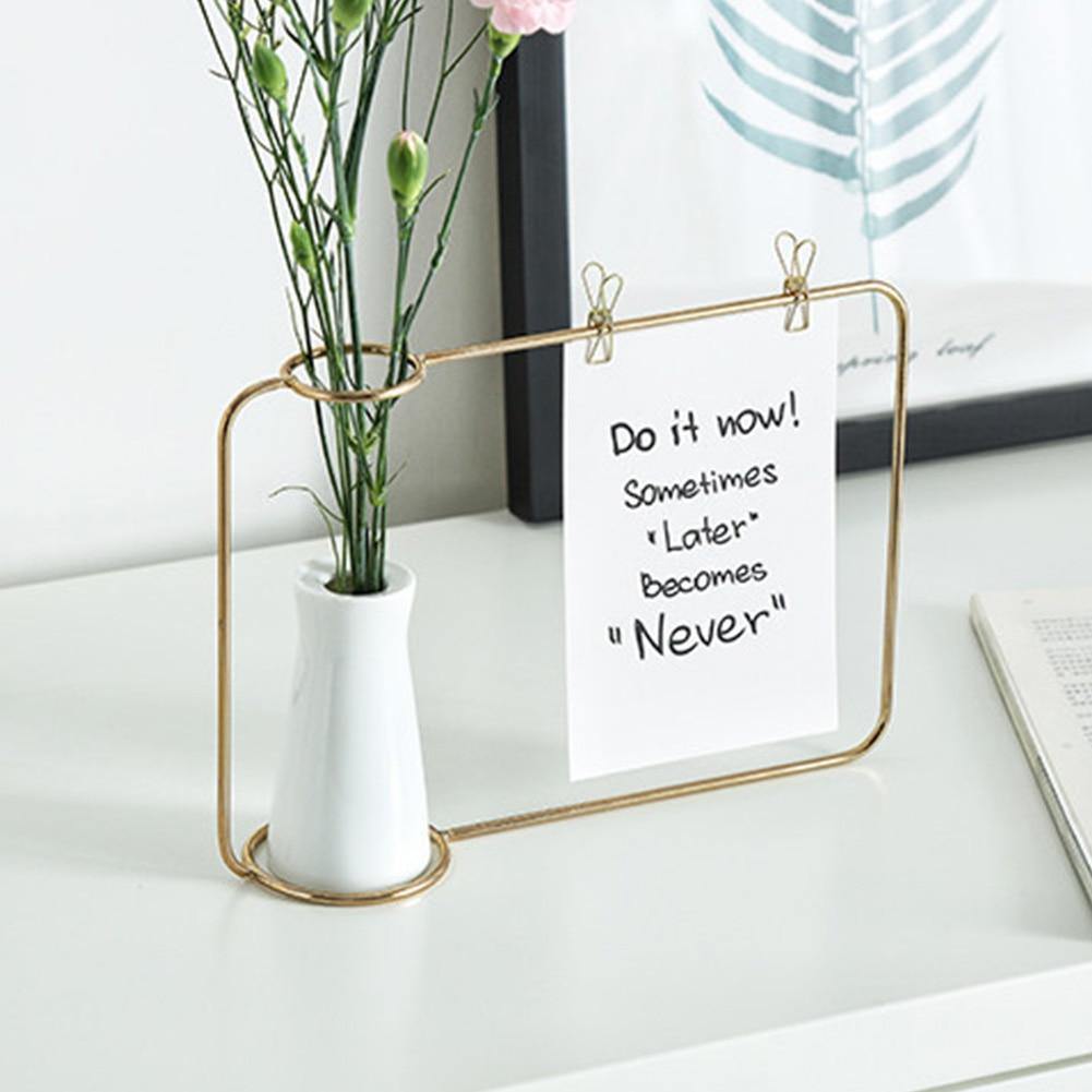 Floroux - Metal photo frame with ceramic vase and clips | Decorative photo display | Modern interior decoration