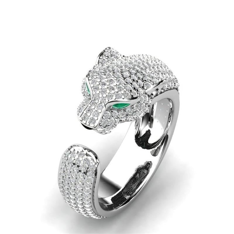 Bague Jaguar™ élégante réglable en argent 18K et en or rose avec des yeux en zirconia verte brillants