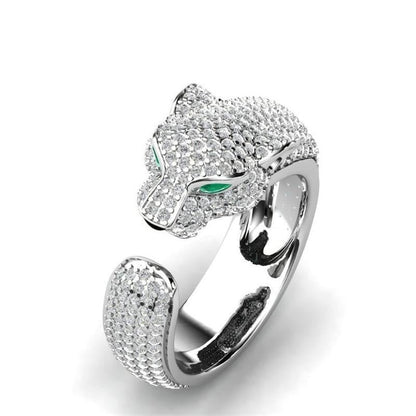 Bague Jaguar™ élégante réglable en argent 18K et en or rose avec des yeux en zirconia verte brillants