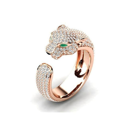 Bague Jaguar™ élégante réglable en argent 18K et en or rose avec des yeux en zirconia verte brillants