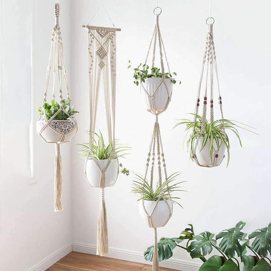 Floroux 4-Piece Set Macramé Plant Hangers | Handmade Bohemian Hanging Planters | Hanging Décor for Home and Garden