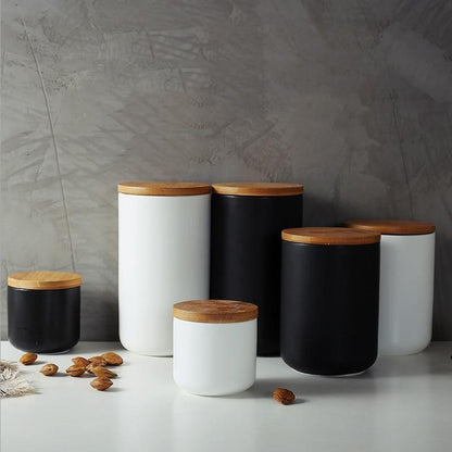 Floroux ceramic storage boxes with bamboo lid | Elegant storage | Perfect for kitchen and bathroom | Available in white and black