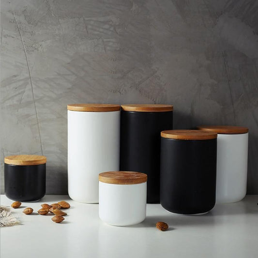 Floroux ceramic storage boxes with bamboo lid | Elegant storage | Perfect for kitchen and bathroom | Available in white and black