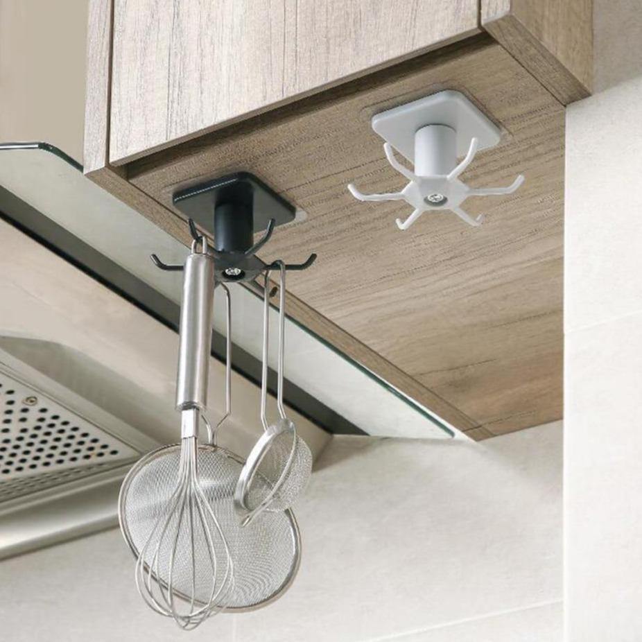 Floroux Rotating Kitchen Utensil Holder | 6 Hook Organizer | Space Saving Under Cabinet Storage